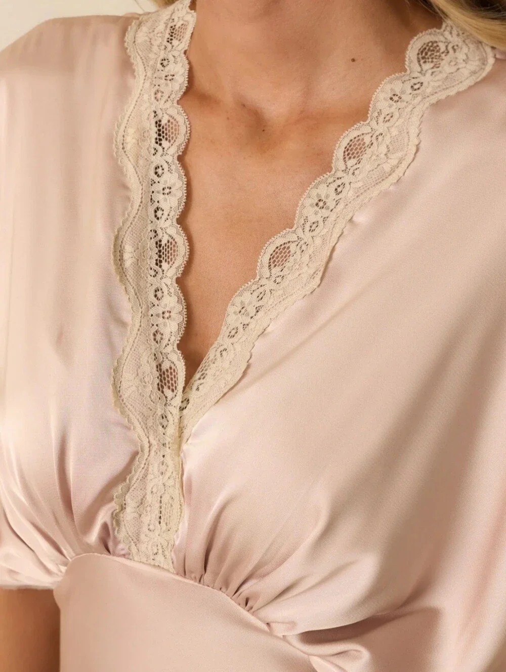 Pink Satin Lace Maxi Dress Small V-Neck Flowy Gown by Dress Forum Los Angeles - Picture 4 of 15